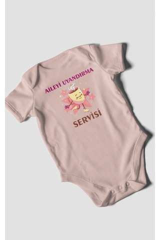 Aileyi Uyandırma Servisi Baskılı Bebek Zıbını Çıtçıtlı Body %100 Pamuk Kısa Kol Pastel Pembe