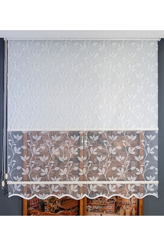 Çift Mekanizmalı Yaprak Desenli Tül Stor Perde Beyaz