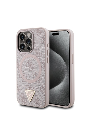 Apple Uyumlu iPhone 15 Pro Max Kılıf Guess Lisanslı Magsafe Şarj Özellikli Pu Üçgen Logo 4g Desenli Kapak Pembe