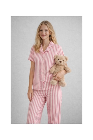 Rindahomewear Pamuklu Örme Kumaş Desenli Düğmeli Pijama Takım Pembe Çizgili