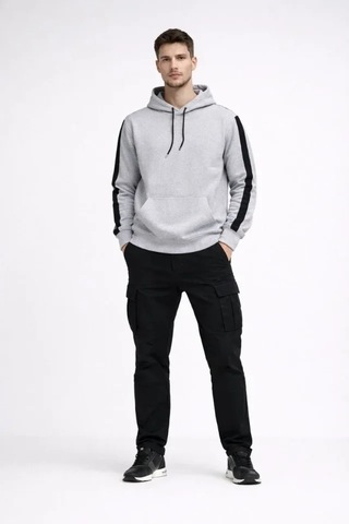 Vexor Erkek Şeritli Kapüşonlu Sweatshirt Oversize 3 Iplik Pamuklu - Beyaz