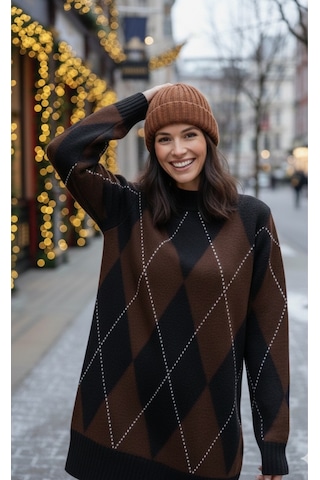 Sayzen Your Shine Kadin Baklava Argyle Desenli Kazak-elbise Sy-2517 Kahve