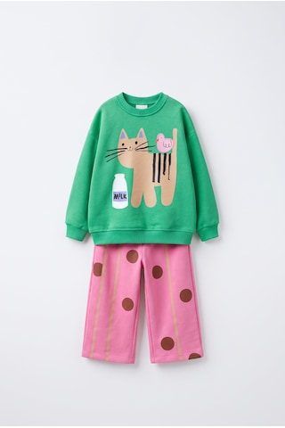 Magu Çocuk Pamuklu Kedi Baskılı Yeşil Sweatshirt Ve Puantiyeli Pembe Eşofman Takımı Çok Renkli