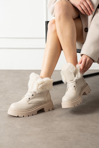 Shoetek Dars Kadın Bot Bağcıklı Yaka Kürklü Bej Deri Bej