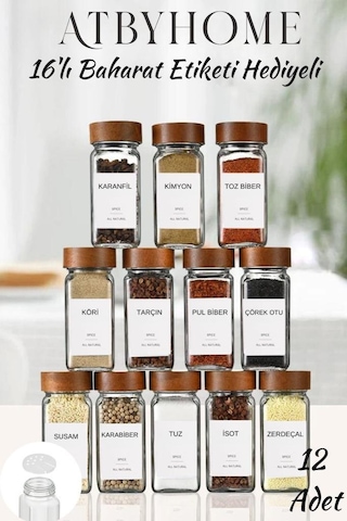 Akasya Kapaklı 12 Adet Cam Baharatlık Seti 120 Ml Ahşap