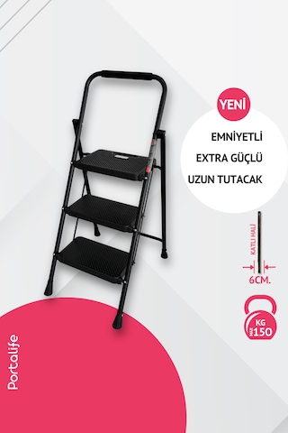 Portalife 3 Basamaklı Uzun Tutacaklı Şık Siyah Çelik Merdiven 3 Basamak Portalife 3 Basamaklı Uzun Tutacaklı Şık Siyah Çelik Merdiven 3 Basamak