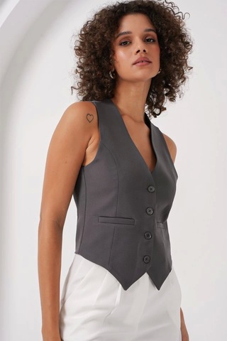 Defymoda 6796 Kısa Dokuma Yelek - Füme Füme
