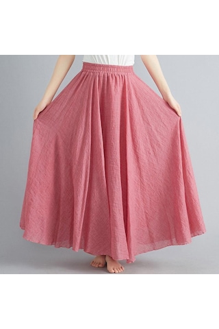 Yaz Sonbahar Kadın Etek Edebi Büyük Boy Pamuk Keten Yarım Etek Elastik Bel Keten A-line Etek Uzun Bölüm Saf Renk Rüzgar Salıncak Etek Kırmızı