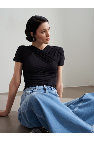 Dilvin 32659 Drapeli Kısa Kollu Top-siyah Bluz - 101a32659