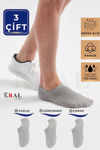 Kral Socks Unisex Düz Desen 3 Çift Pamuklu Terletmez Yazlık Görünmez Çorap Gri