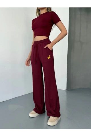 Reka Moda Osy Modal Yumuşak Dokulu Kumaş Nakış Işlemeli Rahat Bol Paça Eşofman Pantalon - Bordo Bordo