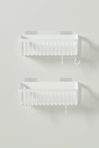 Banyor Yapışkanlı Banyo Rafı, 2'li Banyo Düzenleyici Organizer Duş Şampuanlık, Plastik Beyaz Açık Ahşap