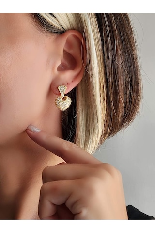 Bombeli Kalp Model Zirkon Taşlı Altın Kaplama Gold Küpe Gold