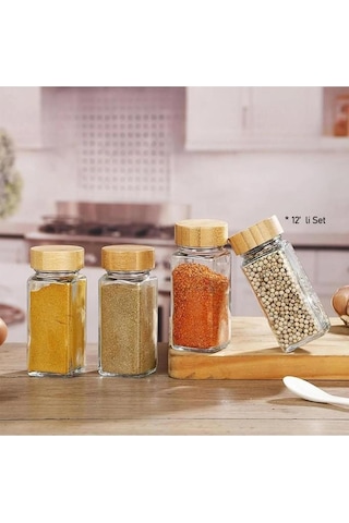 Bambu Kapaklı 12 Adet Cam Baharatlık Seti 120 Ml Bambu