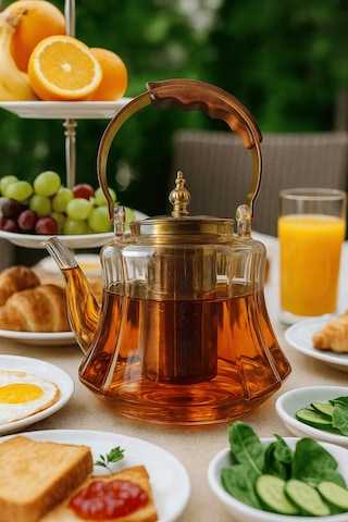 Ahşap Saplı Isıya Dayanıklı Borosilikat Amber Cam Demlik 1200 Ml Süzgeçli Cam Demlik Amber