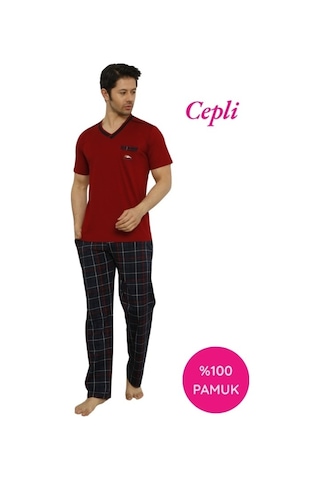 Alimer Erkek V Yaka Ekose Desen %100 Pamuk Kısa Kol Cepli Pijama Takımı Bordo