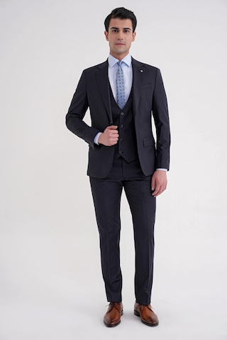 Efor Slim Fit Çift Yırtmaç Çizgili Esnek Yünlü Lacivert Yelekli Klasik Takım Elbise Tk 935 Lacivert