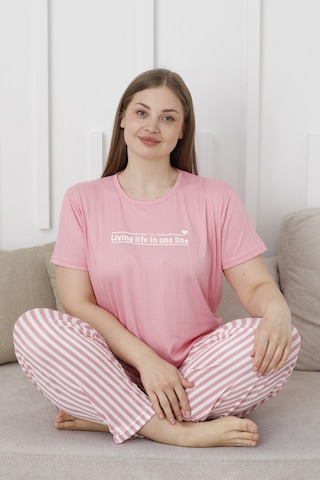 Wordex Mirano 3503 Çizgili Pijamalı Kısa Kollu Büyük Beden Pegasus Kumaş Kadın Pijama Takımı Pembe