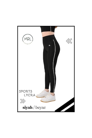 Kadın Yüksek Bel Toparlayıcı Spor Tayt Siyah / Beyaz Şerit Detaylı Lycralı Dalgıç 1041 Siyah Beyaz