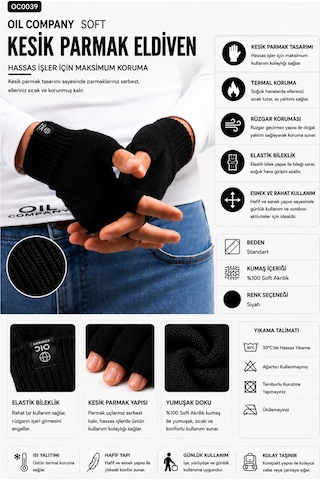 Oıl Company Yumuşak Rüzgar Geçirmez Soğuğa Karşı Etkili Kesik Parmak Eldiven Black