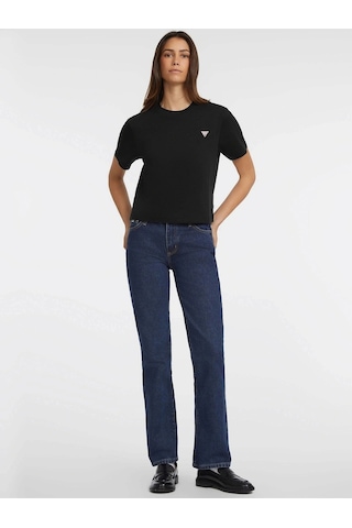 Guess Kadın Boxy Mini Üçgen Logolu T-shirt Siyah