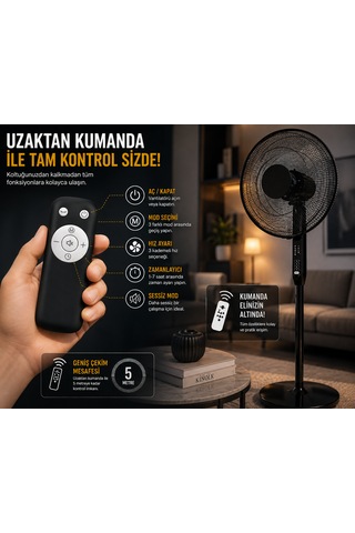 40 Cm Kumandalı Ayaklı Vantilatör Siyah 24w 3 Kademeli Zaman Ayarlı Uzaktan Kumandalı 82 Salınımlı