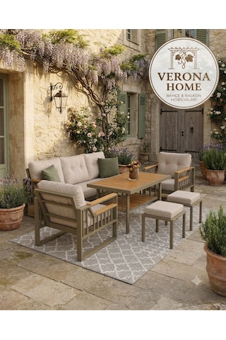 Verona Home Düğmeli Larissa Bahçe Mobilyası Takımı - 3+1+1+2 Puf - Cappuccino/açık Kahve