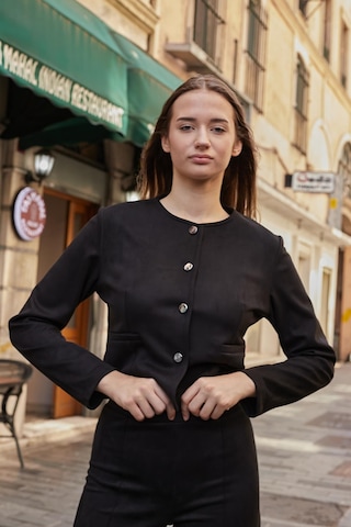 Kadın Esnek Süet Kumaş Sıfır Yaka Flato Cepli Uzun Kol Blazer Ceket-siyah Siyah