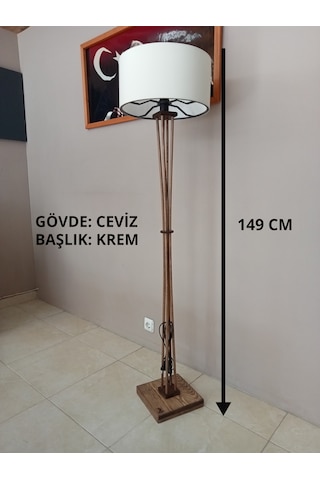 Ahşap Ayaklı Lambader Ceviz Gövde Krem Başlık Köşe Aydınlatma