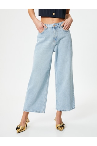 Koton Geniş Kısa Paça Kot Pantolon Standart Bel Pamuklu Cepli - Bianca Crop Jean Bleach 4sal40009md Açık Mavi