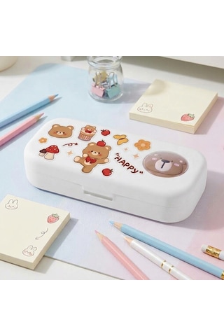Sevimli Kawaii Figürlü Kalem Kutusu Çok Bölmeli Çift Katlı Büyük Kapasiteli Kalem Kutusu Sticker'lı Kalem Kutusu Sticker Yapıştırılabilir Kalemlik Sticker Kalemlik Beyaz