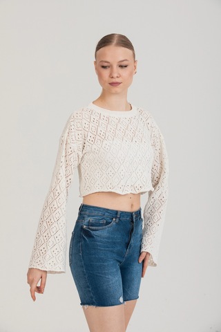 Maximodena Feminen Ajurlu Dokulu Beyaz Crop Bluz Standart Beden - Beyaz