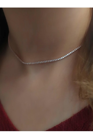 Gümüş Kısa Choker Rose Su Yolu Taşlı Kolye Ko9e67 Altın - Gümüş