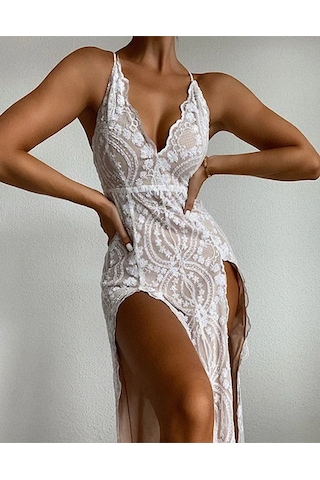 Fashion Cocktail Çift Çok Derin Yırtmaçlı Payetli Abiye Uzun Maxi Elbise Beyaz