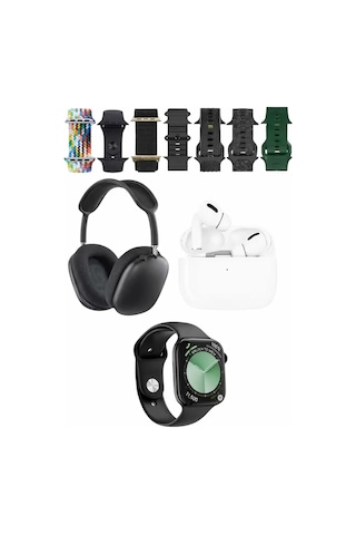 Karler Bass K32 Kombo 7 Adet Kordon Akıllı Saat Airpods Kulaklık Kafa Üstü Kablosuz Kulaklık Set - Siyah