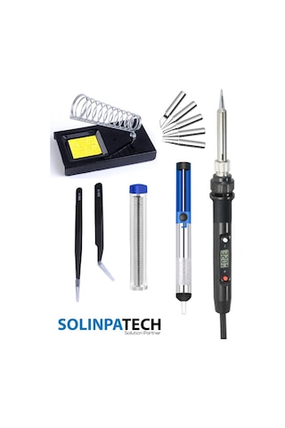 80W LCD Ekranlı Isı Ayarlı Kalem Havya 5 Yedek Uç Lehim Stand  Pompa Cımbız Seti