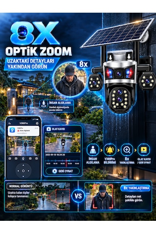 Dobest 4g Sım Kartlı 4k 5 Lensli 8x Zoom Ptz Solar Güvenlik Kamerası V380 Pro Güneş Enerjili Dış Mekan Kamera