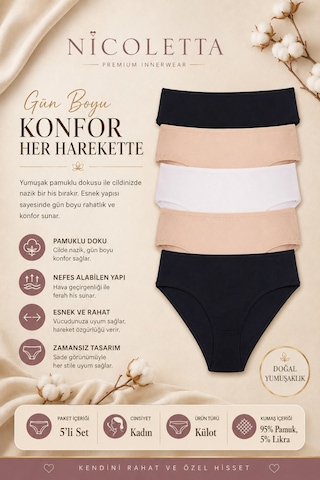 Nicoletta Kadın Külot Yüksek Bel Bikini 5 Li Paket Pamuklu Mıxcolor