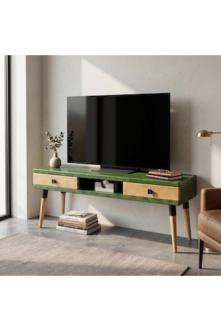 Mobenta Modest Tv: İskandinav Masif Tv Ünitesi 2 Çekmeceli 1 Raflı - 175 Ye-tk Yeşil-ahşap