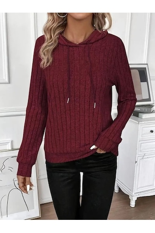 Sensuelle Kadın Uzun Kollu Kapşonlu Bağcıklı Şardonlu Kaşkorse Bluz Bordo