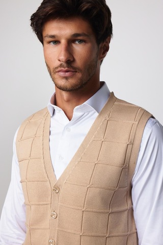Tudors Slim Fit Kare Desenli Taş Rengi Erkek Yelek-29711-Taş