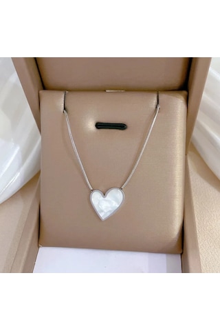 Kadın Sedef Kalp Gümüş Renk 316l Çelik Kolye Çelik