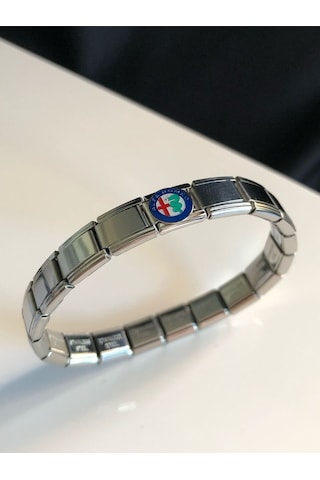 Erkek Kadın Çelik Bileklik - Alfa Romeo Logo Model Italy Nomi Charm Gümüş