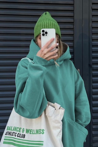 Madmext Mavi Kapüşonlu Şardonlu Oversize Sweatshirt Mg1566 Mavi