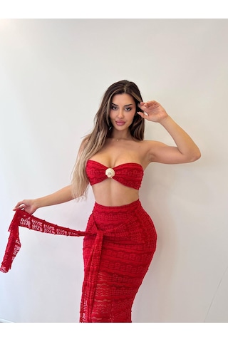 Kırmızı Sydney Seashell Lace Etekli İkili Taklım Kırmızı