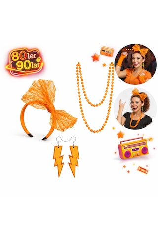 80 Ler 90 Lar Neon Turuncu Parti Seti Kolye Küpe Taç 2 "
