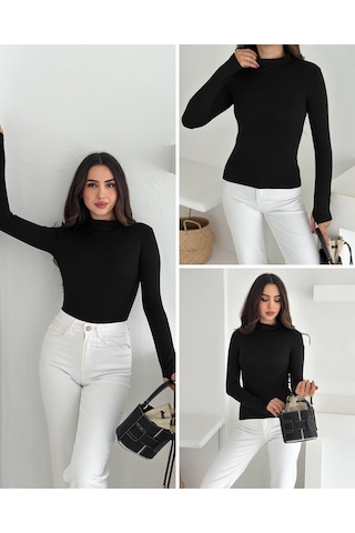 Kadın Yarım Balıkçı Yaka Parmak Geçmeli Full Likralı Buzz Body Siyah