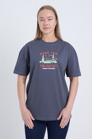 Velvoria Unisex Oversize Road Trip Baskılı Antrasit Renk T-shirt