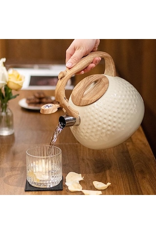 Valkyrie Modern Tasarım Düdüklü Kettle 3l Paslanmaz Çelik Ergonomik Su Isıtıcı Çaydanlık Islıklı Krem