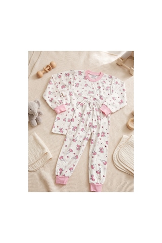 Deniva Kids Kız Çocuk Pembe Sevimli Desenli %100 Pamuklu Ribanalı Uzun Kollu Pijama Takımı Beyaz - Pembe